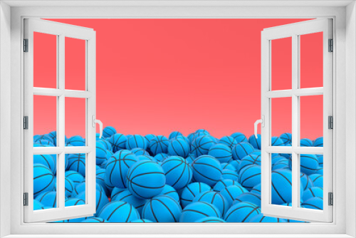 Fototapeta Naklejka Na Ścianę Okno 3D - Many of flying blue basketball ball falling on pink background