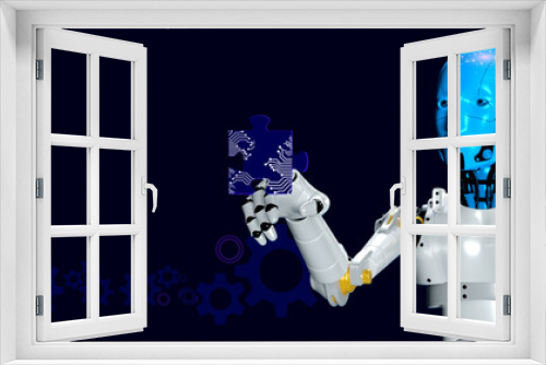 Fototapeta Naklejka Na Ścianę Okno 3D - 3D robotic render touching AI jigsaw the alternative solutions , business concept