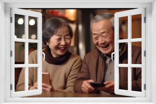 Generative AI : Young senior asia citizen couple hold mobile phone selfie videocall online to family at home apartment morning on dining table in older people with digital technology virtual talk conf