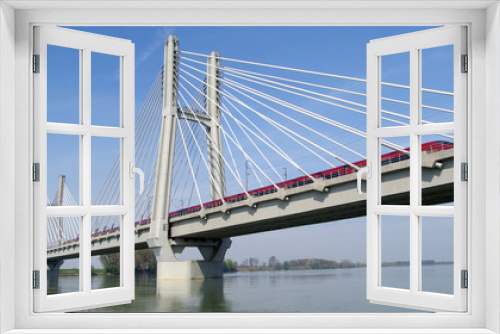 Fototapeta Naklejka Na Ścianę Okno 3D - Cable-stayed bridge across river Po in Northern Italy
