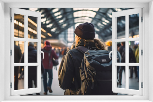 Back view of female backpacker in a busy train station. young woman with travel backpack standing at a train station