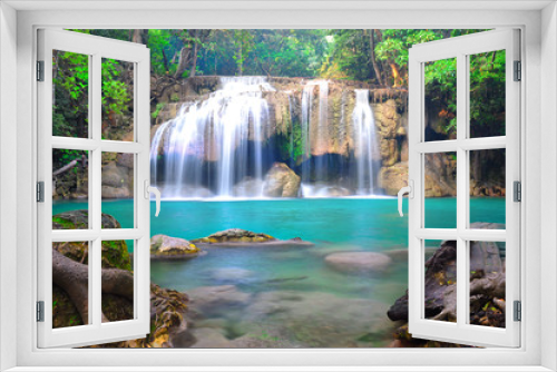 Fototapeta Naklejka Na Ścianę Okno 3D - Deep forest waterfall at Erawan waterfall National Park