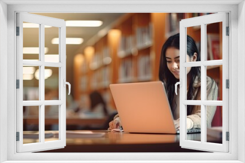 Young intelligent woman studying in the library on her laptop