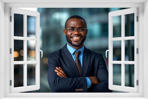 A confident black man posing with crossed arms in a formal attire