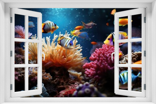 Fototapeta Naklejka Na Ścianę Okno 3D - Aquarium underwater  fishes in sea coral reef. Ocean nature: water animal tropical life, aquatic wildlife