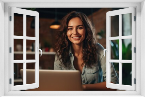 Photo of joyful nice woman using laptop. Beautiful Businesswoman typing on laptop. Generative AI