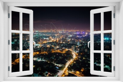 Nighttime Bangkok illuminated with wireless tech network illustrated in high quality. Generative AI