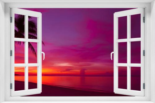 Fototapeta Naklejka Na Ścianę Okno 3D - Tropical sunset with palm tree silhouette panorama