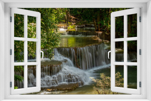 Fototapeta Naklejka Na Ścianę Okno 3D - beautiful water fall and Leaf natural leaves and stream green forest in the mountain concept back ground cover page environment ecology or nature wallpape