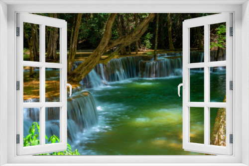 Fototapeta Naklejka Na Ścianę Okno 3D - beautiful water fall and Leaf natural leaves and stream green forest in the mountain concept back ground cover page environment ecology or nature wallpape