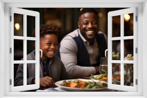 A Black African father teaching his son how to properly perform formal dining etiquette his wife smiling proudly from the other side