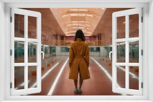 A woman in a stylish yellow trench coat walking down a modern hallway