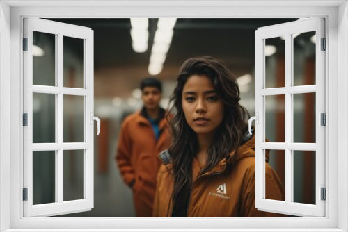 A woman and a man standing together in a hallway