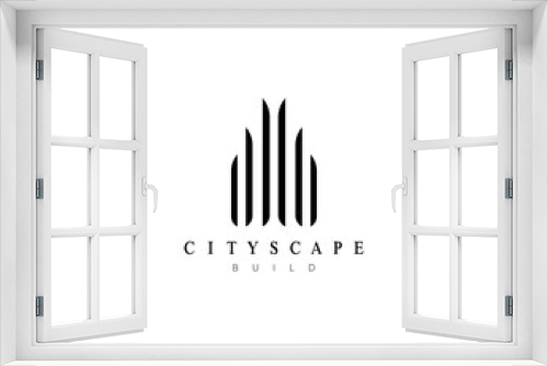 Fototapeta Naklejka Na Ścianę Okno 3D - Real estate logo design concept. Modern building vector symbol for architecture, construction, cityscape, skyscraper, city landscape, planning and structure.