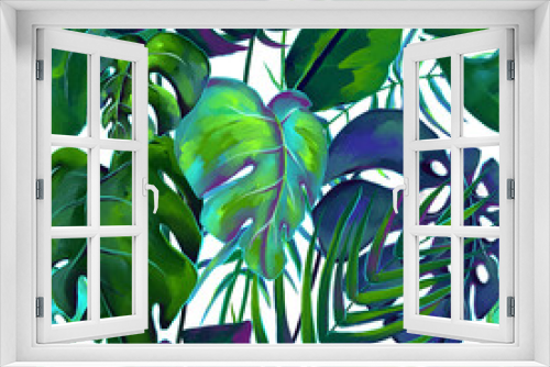 Fototapeta Naklejka Na Ścianę Okno 3D - Seamless pattern of bright palm leaves, hand drawn design