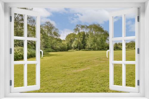 Fototapeta Naklejka Na Ścianę Okno 3D - a grassy field with trees and bushes in the background on a bright sunny day, as seen from the ground