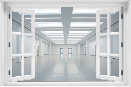 An airy and illuminated art exhibition space featuring pristine blank walls. Generative AI