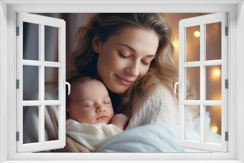 Generative AI : Loving mom carying of her newborn baby at home. Bright portrait of happy mum holding sleeping infant child on hands. Mother hugging her little 2 months old son.