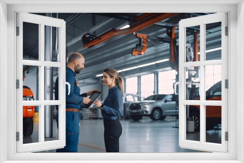 Female Mechanic Checks Diagnostics Results on a Tablet Computer and Explains a Vehicle Breakdown to a Manager. Car Service Employees Talk while Walking in a Garage. Modern Clean Workshop