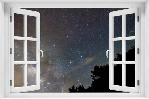 Fototapeta Naklejka Na Ścianę Okno 3D - Blue dark night sky with many stars above field of trees.