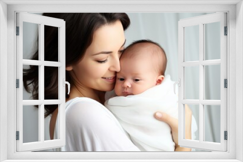 Young mother lovingly cradles her newborn baby in her arms