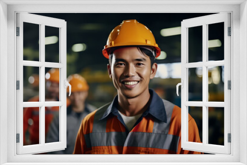 Portrait of asian factory workers stand with confidence and success. Asian Male with safety hat smiling looking at the camera