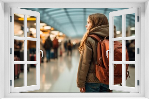 young girl wearing a backpack inside an airport (Generative AI)