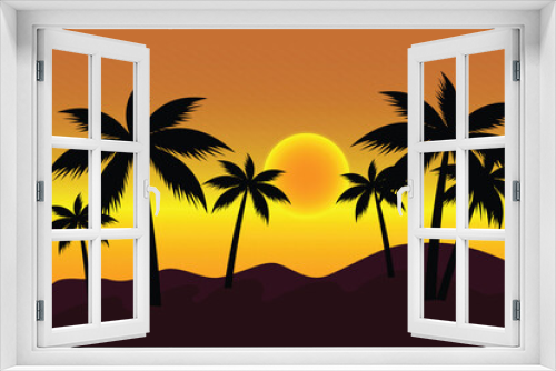 Fototapeta Naklejka Na Ścianę Okno 3D - palms sun orang yellow sunset tropical beach vector illustration eps10