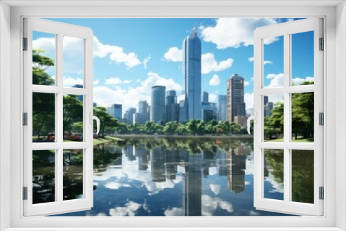 Modern office building with reflection in the water,. Modern skyscrapers in business district at sunset. 3d rendering