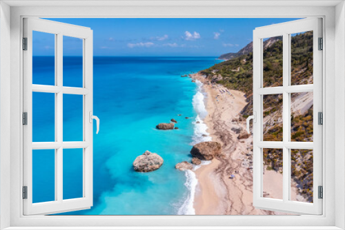 Fototapeta Naklejka Na Ścianę Okno 3D - Aerial drone view on paradise sandy Megali Petra beach in Lefkada. Beautiful crystal clear turquoise and blue waters. Greece