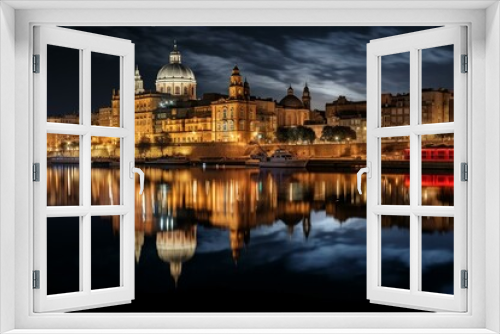 Night view of Valletta's old town and harbor with beautiful reflections in the water. Generative AI