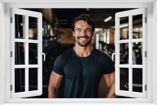 Smiling portrait of a young male caucasian fitness instructor trainer working in a gym