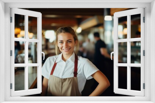 Smiling portrait of a female caucasian waitres working in a cafe bar