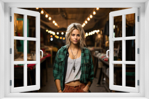 Model in grunge outfit against gritty backdrop. Edgy '90s fashion, urban attitude.
