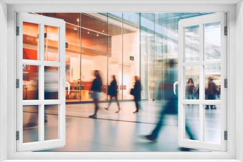 A softly unfocused backdrop captures the essence of a contemporary shopping mall, adorned with the graceful movement of shoppers who traverse its halls in search, Generative AI