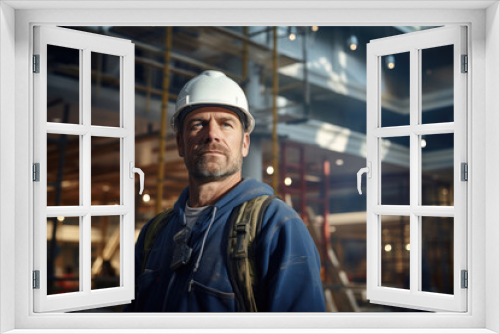 man worker in uniform and protective helmet builds go makes repairs