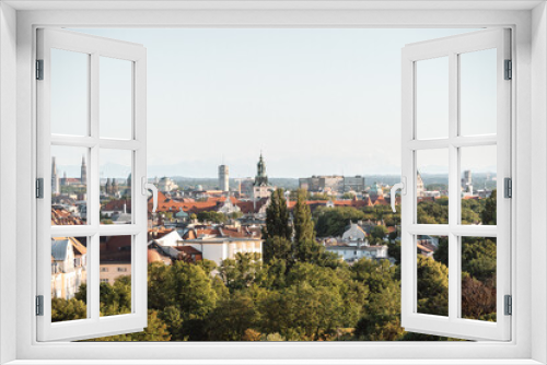 Fototapeta Naklejka Na Ścianę Okno 3D - Skyline view of Munich with multiple sights, Alps in background Bavaria Germany