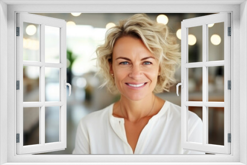 Mature Businesswoman Wearing a Smile in a Contemporary Office