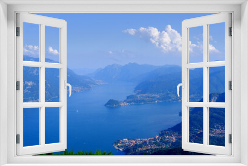 Fototapeta Naklejka Na Ścianę Okno 3D - aerial view of Como Lake landscape in beautiful summer day, trees, water and mountains, Italy, Europe, concept summer vacation, travel and enjoyment