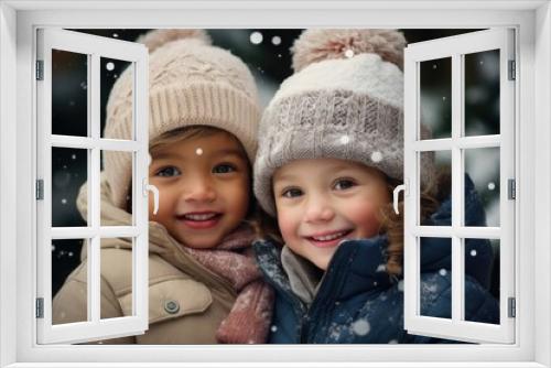 Two cute kids with happy faces wearing a warm hats and warm jackets surrounded with snowflakes. Winter holidays concept.