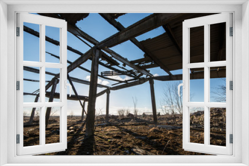 Fototapeta Naklejka Na Ścianę Okno 3D - Broken roof, Ruined barn house