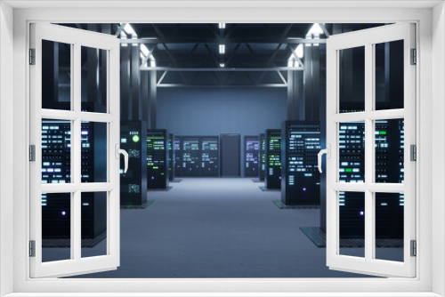 Empty data center housing thousands of blade servers, storage devices and networking infrastructure. Mainframes providing large amounts of computing power, 3D render animation
