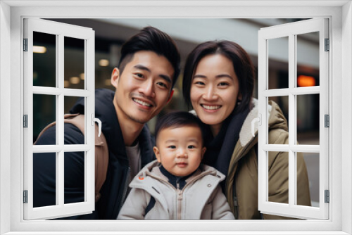 family with happy expression outdoors in a city. 