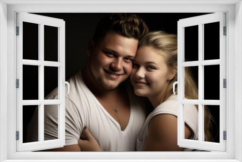 young couple happy expression against wall background.