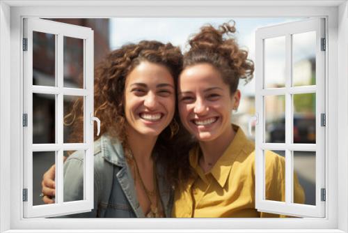 Fashionable and beautiful female twins posing near stylish restaurant outdoors. Two women wearing stylish looks, smiling at camera.