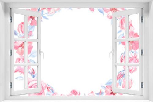 Fototapeta Naklejka Na Ścianę Okno 3D - Wreath of the pink roses with blue leaves painted with watercolors, isolated on transparent. For wedding invitations, mother's day greeting cards, Valentine cards, new born celebration