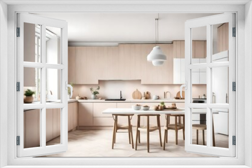 A serene kitchen with pastel tones and a white empty canvas frame, offering a glimpse of creative potential.
