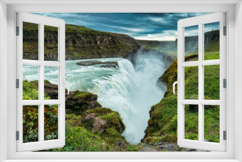 Fototapeta Naklejka Na Ścianę Okno 3D - Gullfoss powerful waterfall flowing from Hvita river and moody sky in summer at Iceland