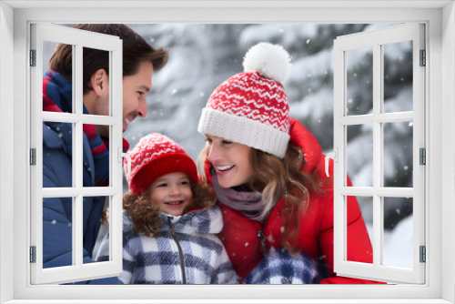 Family joy in winter's embrace. Smiles, snow, and togetherness in a snowy day, Generative AI