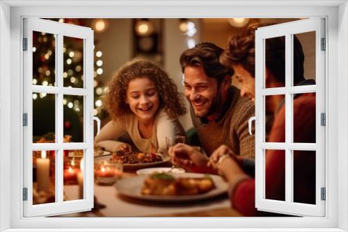 Modern European Family Celebrating Christmas Around Festive Table. Generative AI